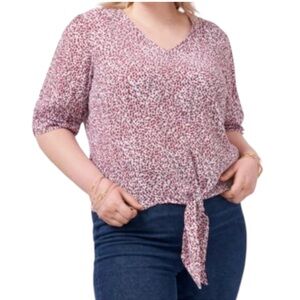 1 State Blouse Womens Plus 1X Red White Floral Tie Front Knot Vneck 3/4 sleeve